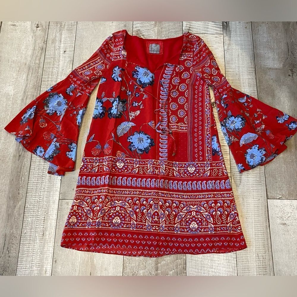 Anthropologie Red Tunic Dress with Blue Floral Print